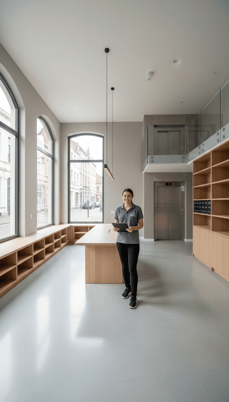 Espace commun d'immeuble résidentiel impeccablement nettoyé par Optie Clean