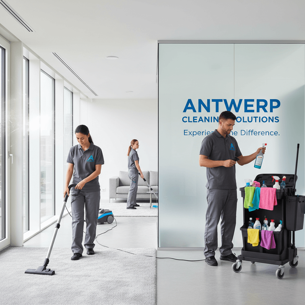 Professional cleaning team in a modern Antwerp building performing diverse cleaning tasks.