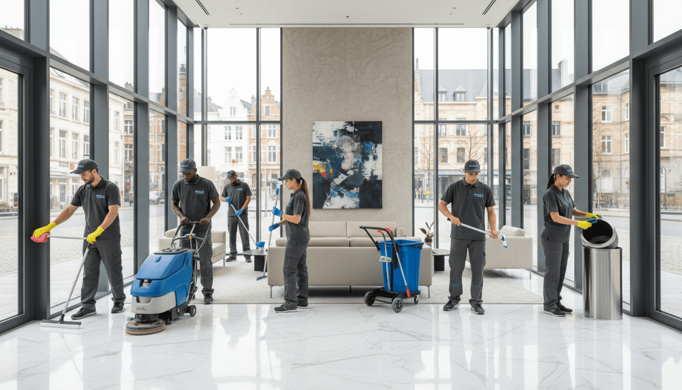 Optie Clean team professionally cleaning a residential building lobby in Antwerpen