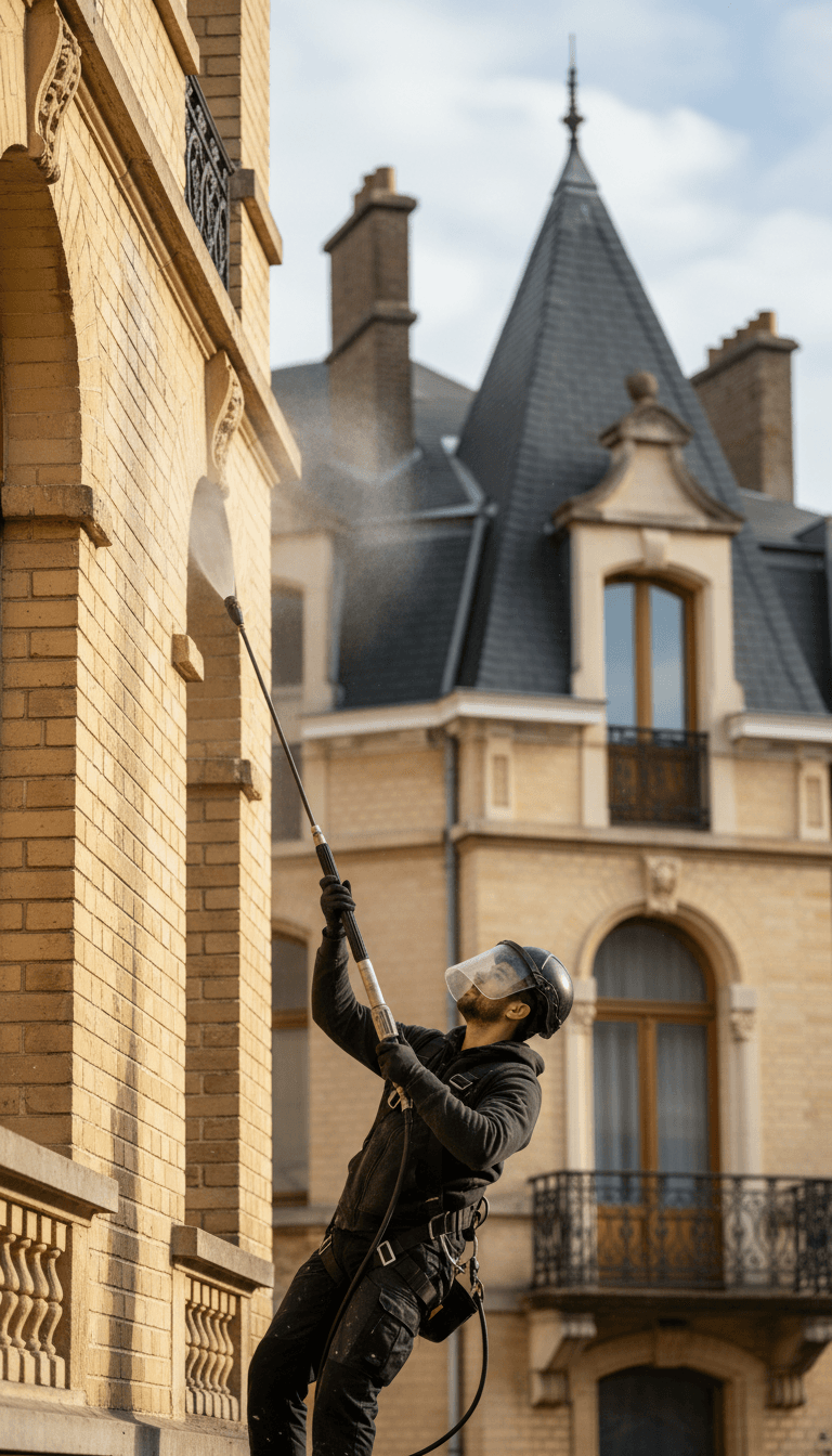 Nettoyage professionnel de la façade d'un immeuble résidentiel