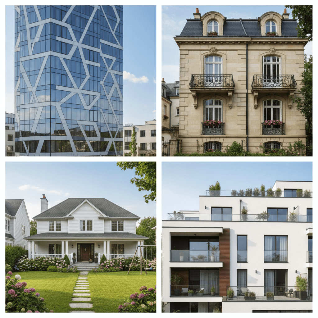 Modern residential building with clean geometric facade, multiple symmetrical windows, soft natural light, contemporary urban architecture.