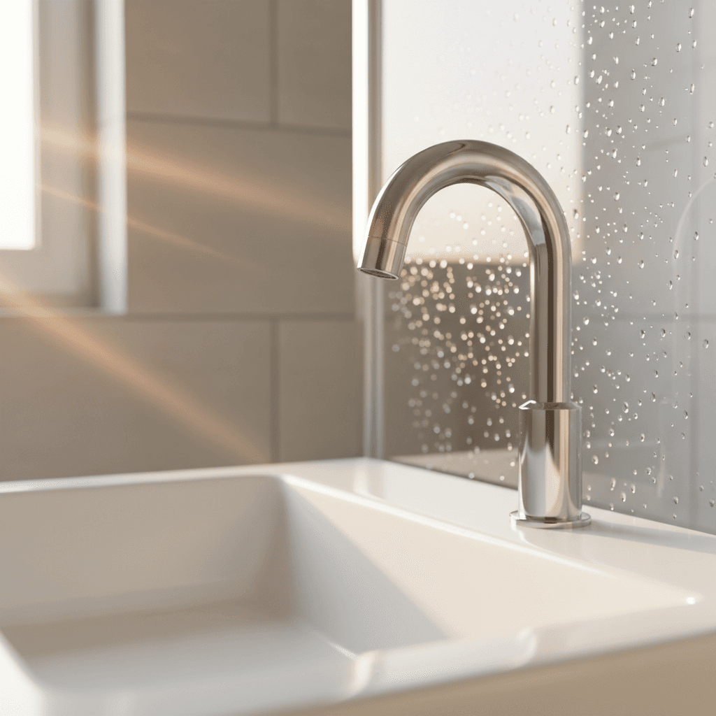 Miroir et accessoires de salle de bain impeccables après nettoyage