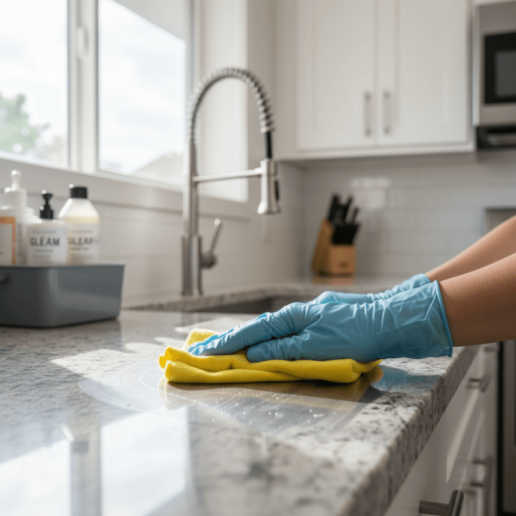 Plan de travail de cuisine brillant après nettoyage professionnel