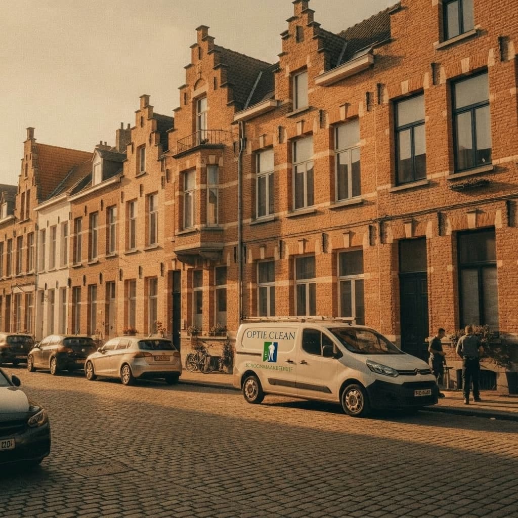 Maisons flamandes en briques rouges bordant une rue pavée avec une camionnette blanche garée.
