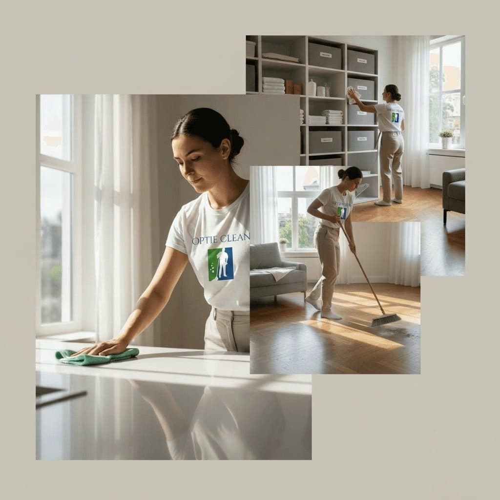 Femme en uniforme nettoyant un comptoir, balayant le sol et organisant des étagères de rangement.