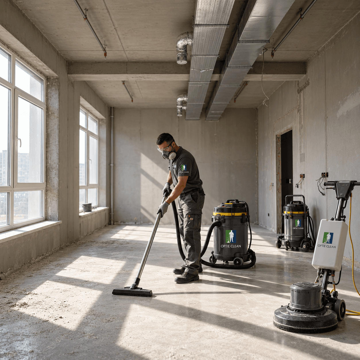 Nettoyeur masqué utilisant un aspirateur industriel sur un sol en béton dans un bâtiment.